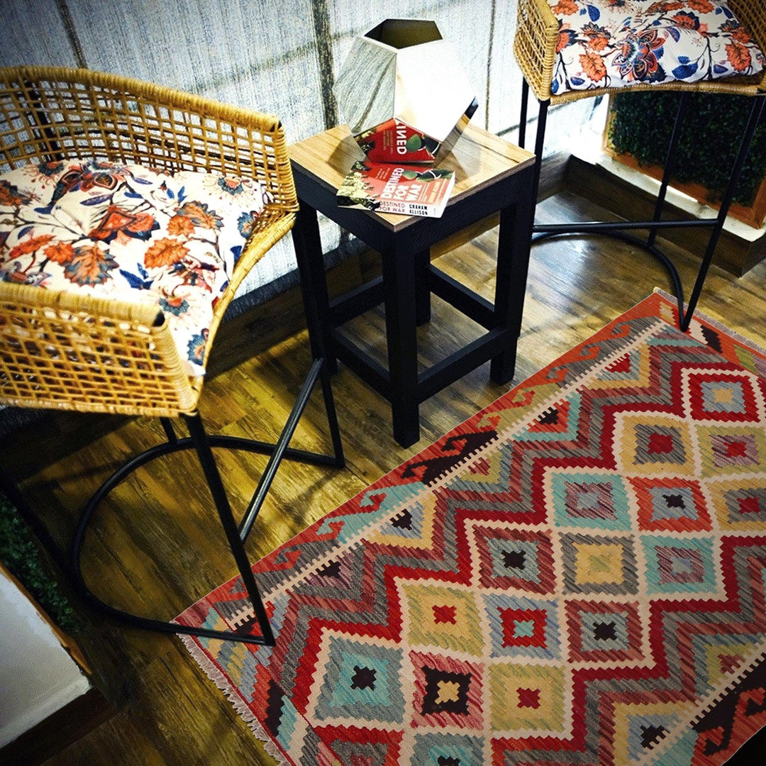 Multi Color ful Flat-Weave Wool Kilim 3' 5" x 4' 9" - No. AL42205