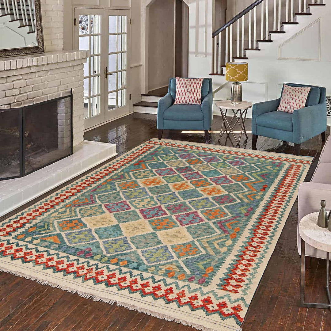 Multi Color ful Flat-Weave Wool Kilim 6' 0" x 7' 10" - No. AL69269