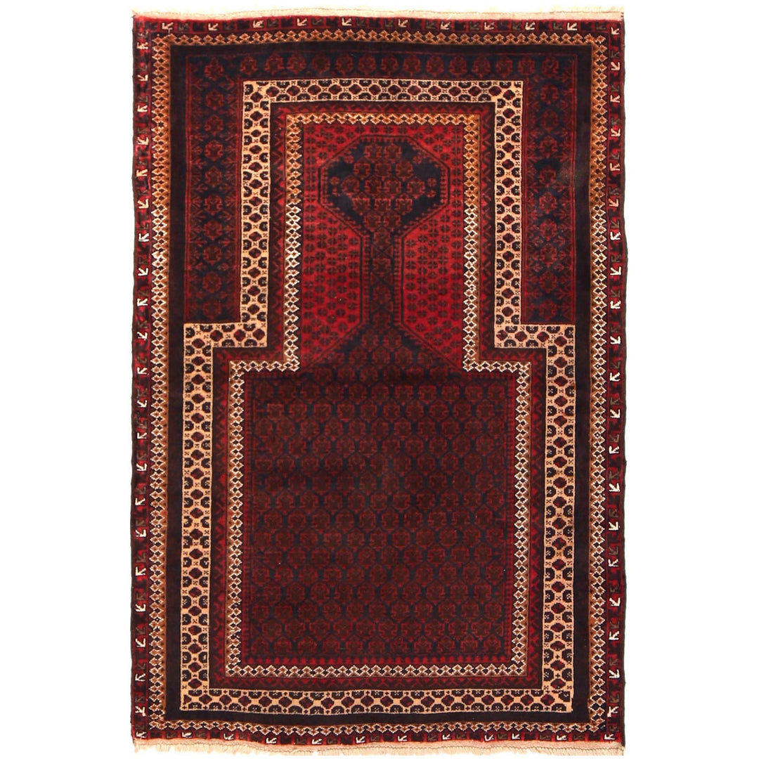 Red Afghan Prayer Rug 3' 1" x 4' 6" Hand-Knotted