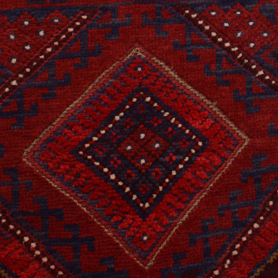 Deep Red Afghan Mashwani Rug 2' 1" x 8' 2" Hand-Knotted border