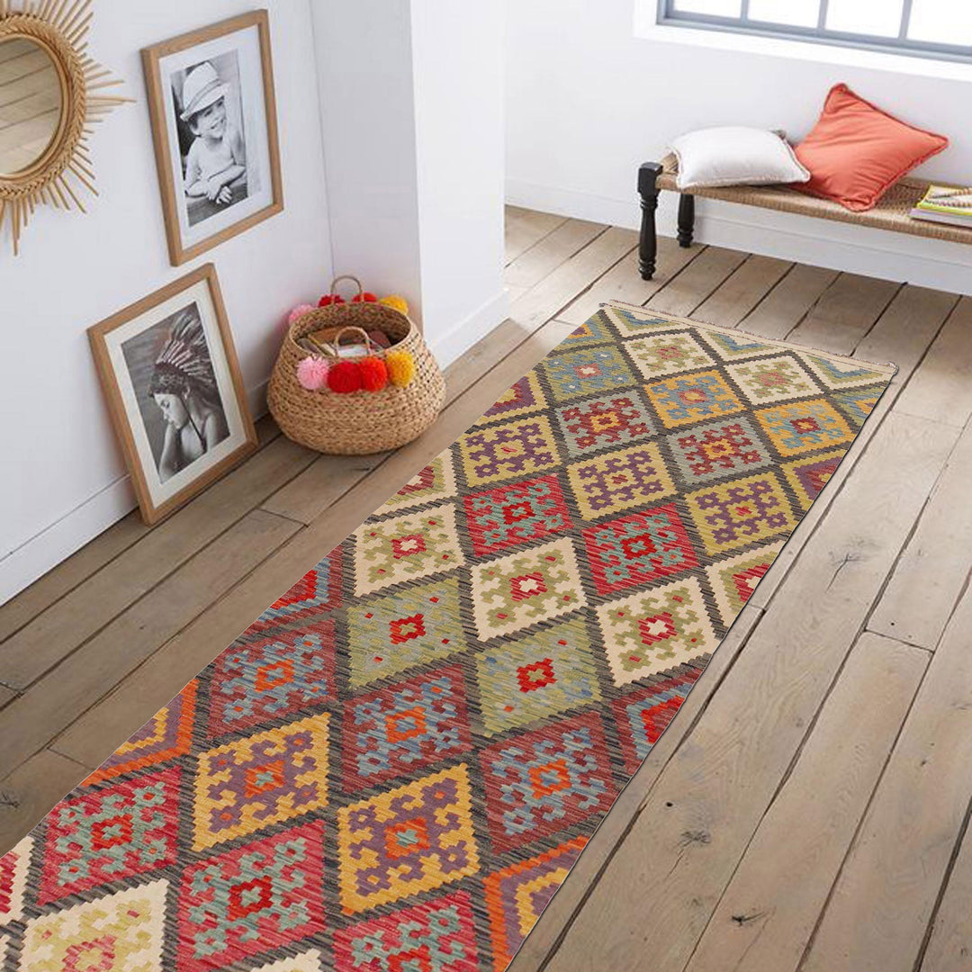 Multi Color ful Flat-Weave Wool Kilim Runner 2' 11" x 9' 8" - No. AL10999