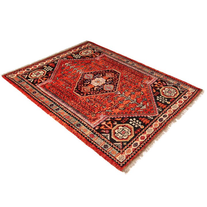Red Afghan Shiraz Rug 3' 5" x 4' 9" Hand-Knotted close-up