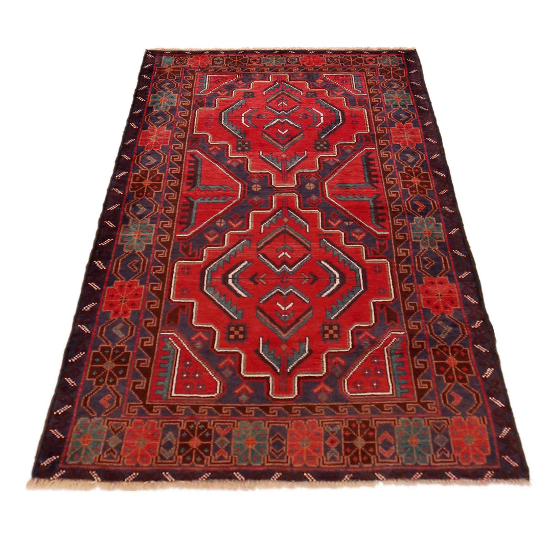 Red Afghan Baluchi Rug 3' 0" x 4' 10" Hand-Knotted detail