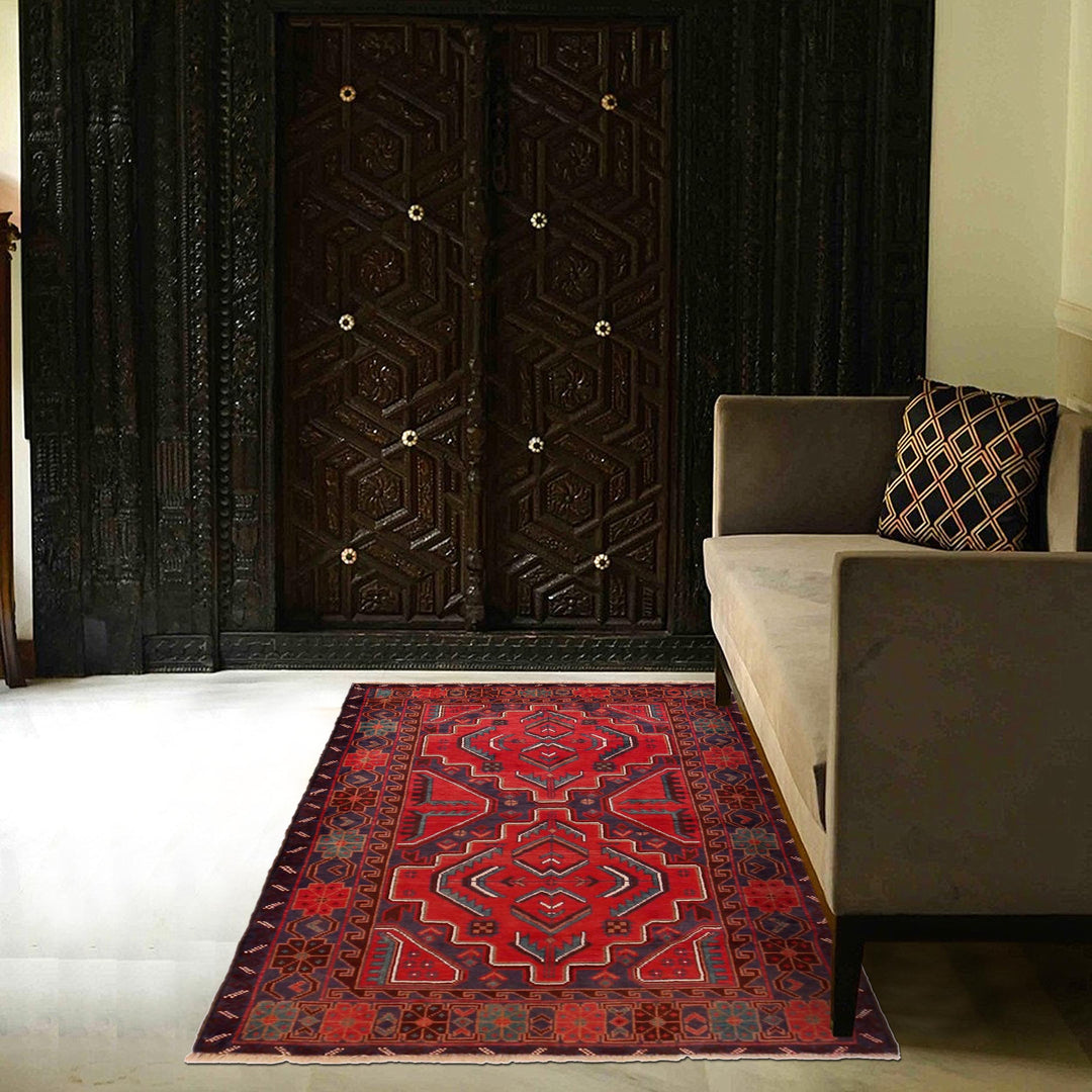 Red Afghan Baluchi Rug 3' 0" x 4' 10" Hand-Knotted view 9