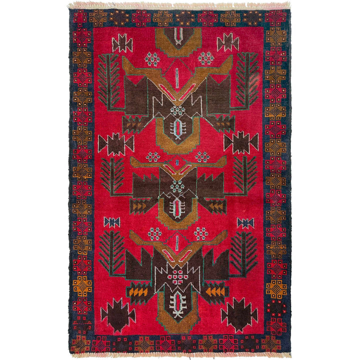 Red Afghan Baluchi Rug 2' 11" x 4' 9" Hand-Knotted