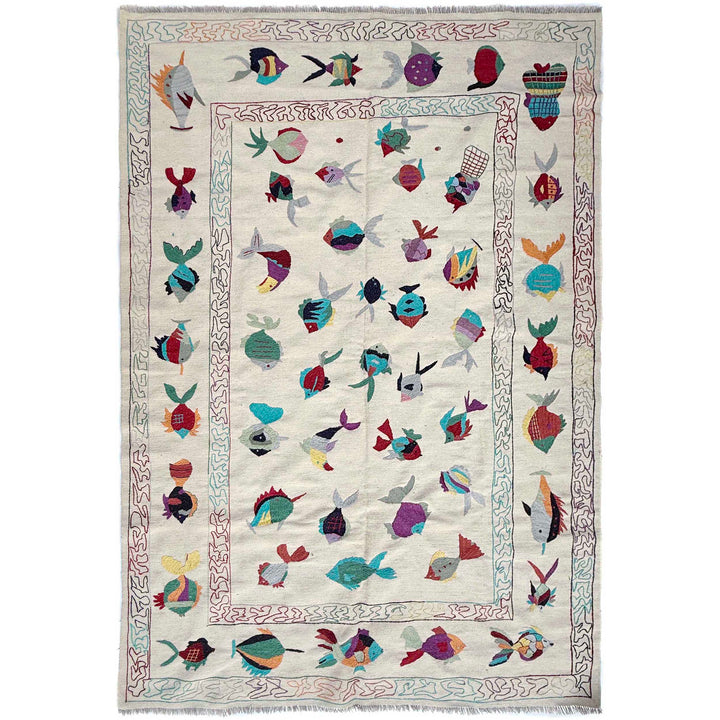 Beige Pakistani Embroidery Kilim Rug 6' 4" x 9' 10" Hand-Knotted | No. AL84891