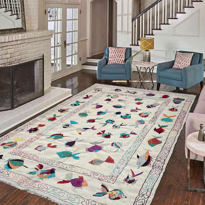 Beige Pakistani Embroidery Kilim Rug 6' 4" x 9' 10" Hand-Knotted | No. AL84891