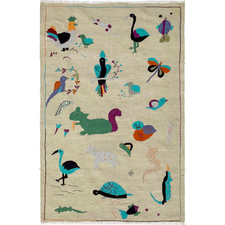 Beige Pakistani Embroidery Kilim Rug 3' 8" x 6' 3" Flat-Weave | No. AL637193