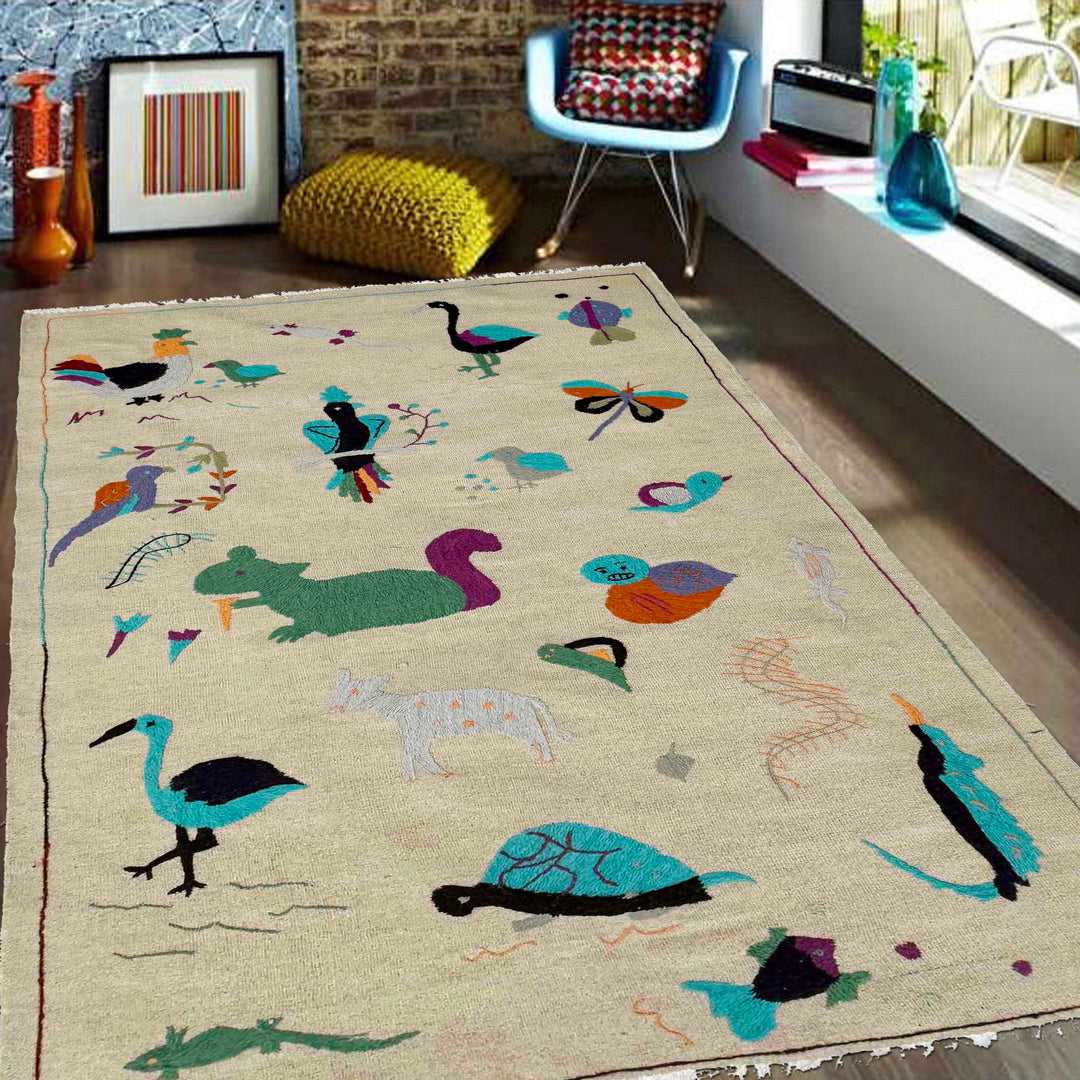 Beige Pakistani Embroidery Kilim Rug 3' 8" x 6' 3" Flat-Weave | No. AL637193