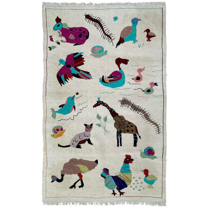 Beige Pakistani Embroidery Kilim Rug 3' 1" x 5' 4" Flat-Weave | No. AL483881