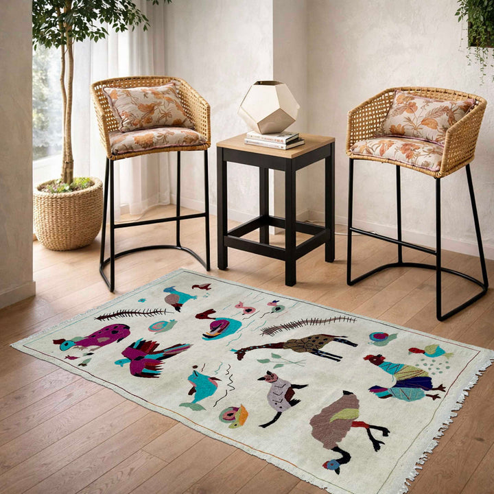 Beige Pakistani Embroidery Kilim Rug 3' 1" x 5' 4" Flat-Weave | No. AL483881