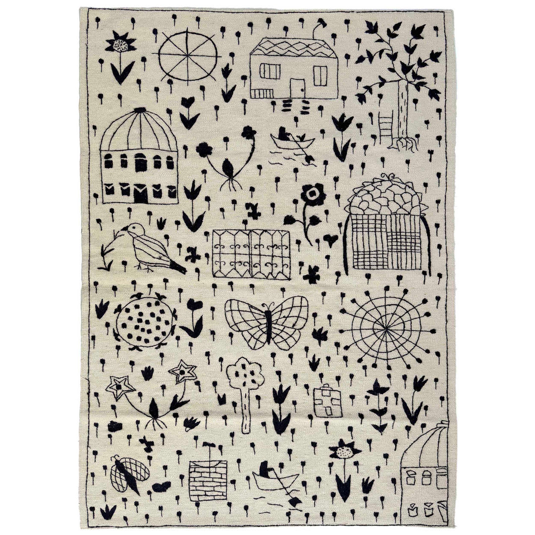Beige Pakistani Embroidery Kilim Rug 3' 11" x 5' 10" Flat-Weave
