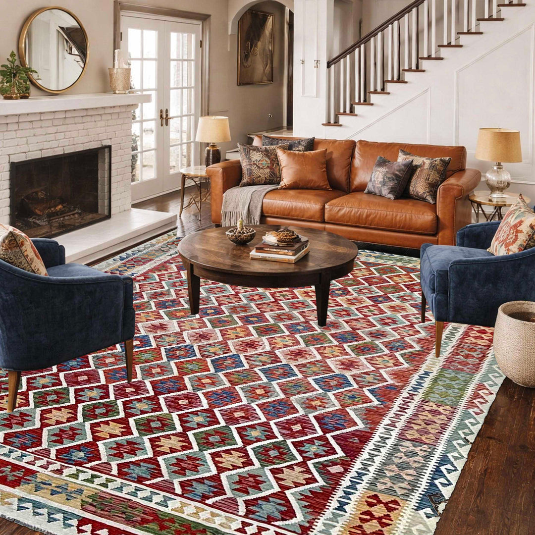 Afghan Vegetable Kilim Rug 9'7" x 12'11" Flat-Weave reverse