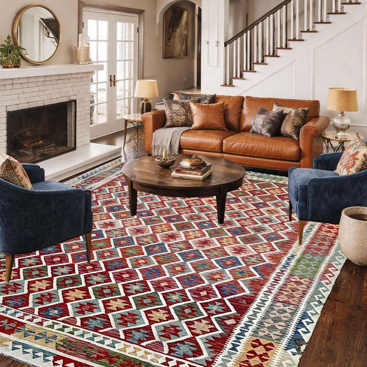 Afghan Vegetable Kilim Rug 9'7" x 12'11" Flat-Weave reverse