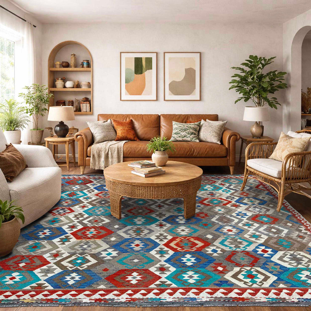 Afghan Vegetable Kilim Rug 8' 3" x 10' 0" Flat-Weave reverse
