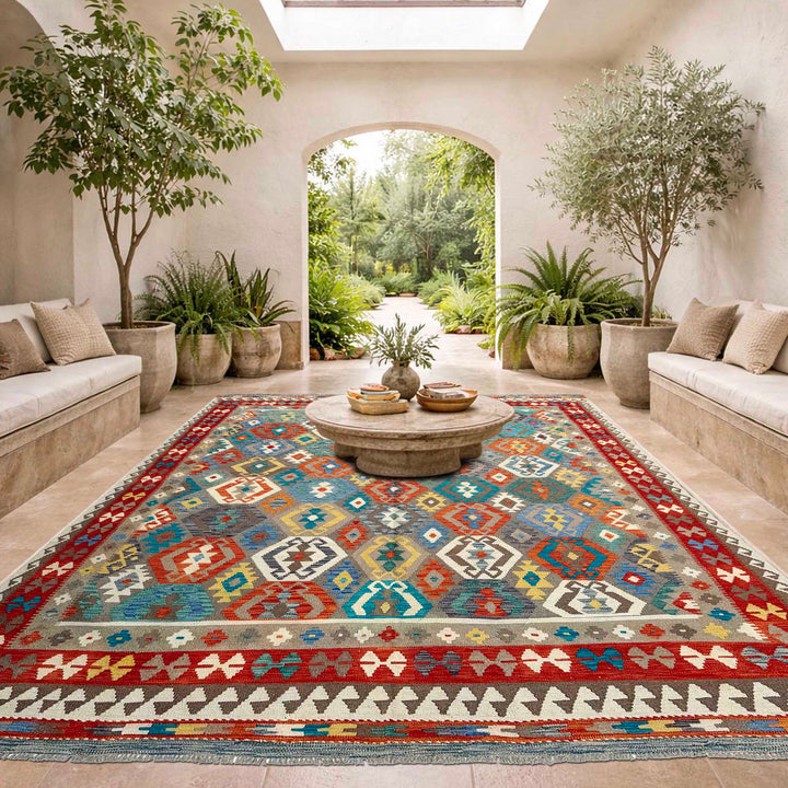 Afghan Vegetable Kilim Rug 8' 6" x 9' 7" Flat-Weave reverse