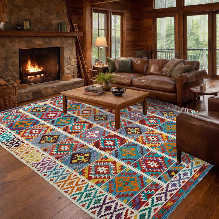 Afghan Vegetable Kilim Rug 8'2" x 11'8" Flat-Weave reverse