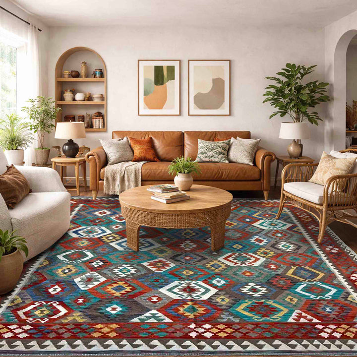 Afghan Vegetable Kilim Rug 8' 4" x 9' 9" Flat-Weave reverse