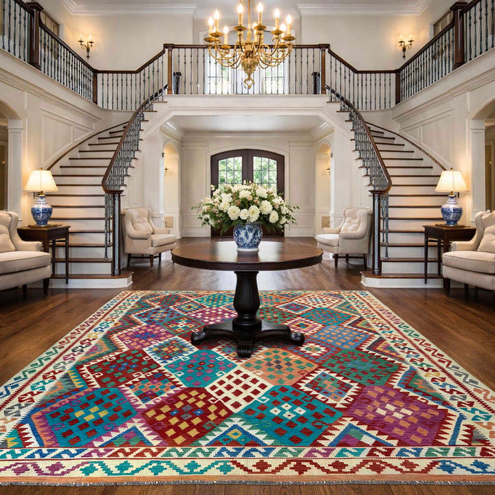 Afghan Vegetable Kilim Rug 8' 2" x 10' 1" Flat-Weave reverse