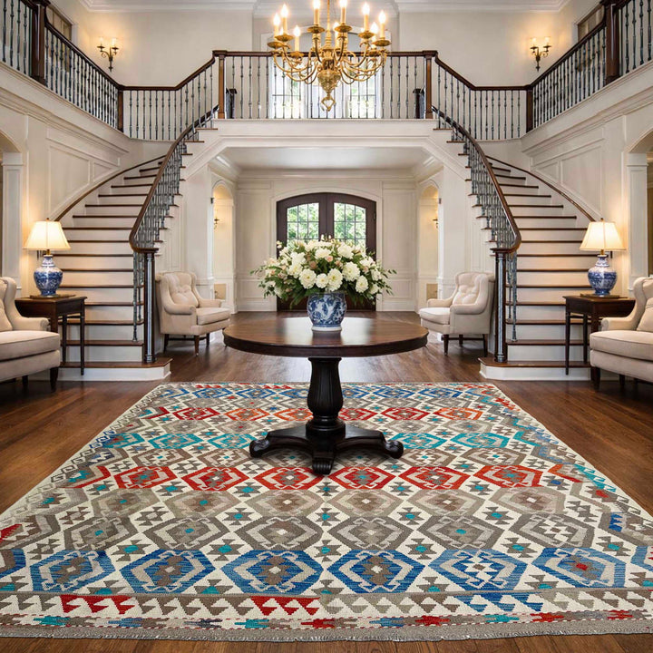 Afghan Vegetable Kilim Rug 8' 2" x 9' 11" Flat-Weave reverse