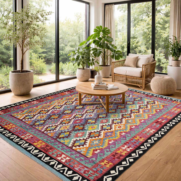 Afghan Vegetable Kilim Rug 8' 4" x 9' 9" Flat-Weave reverse