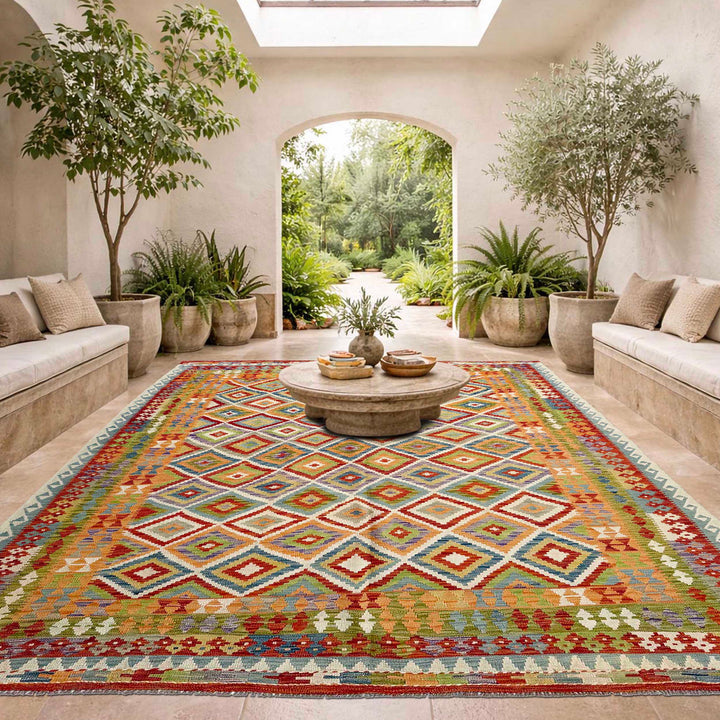 Afghan Vegetable Kilim Rug 8' 6" x 11' 4" Flat-Weave reverse