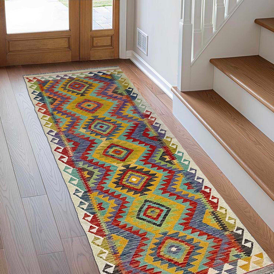 Afghan Vegetable Kilim Rug 2' 8" x 8' 5" Flat-Weave reverse