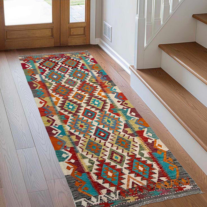 Afghan Vegetable Kilim Rug 2' 8" x 7' 10" Flat-Weave reverse
