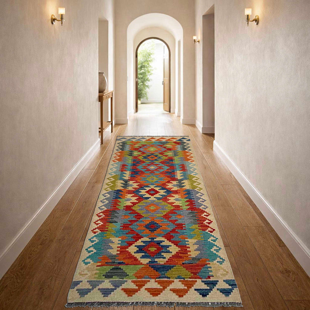 Afghan Vegetable Kilim Rug 2' 9" x 8' 4" Flat-Weave reverse