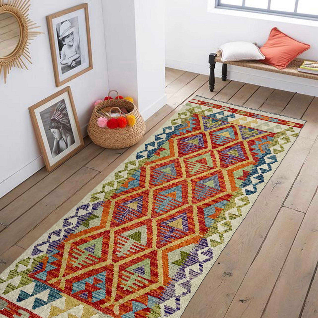 Afghan Vegetable Kilim Rug 2' 10" x 6' 3" Flat-Weave reverse