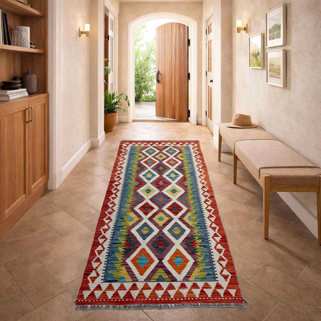 Afghan Vegetable Kilim Rug 2' 6" x 6' 7" Flat-Weave reverse
