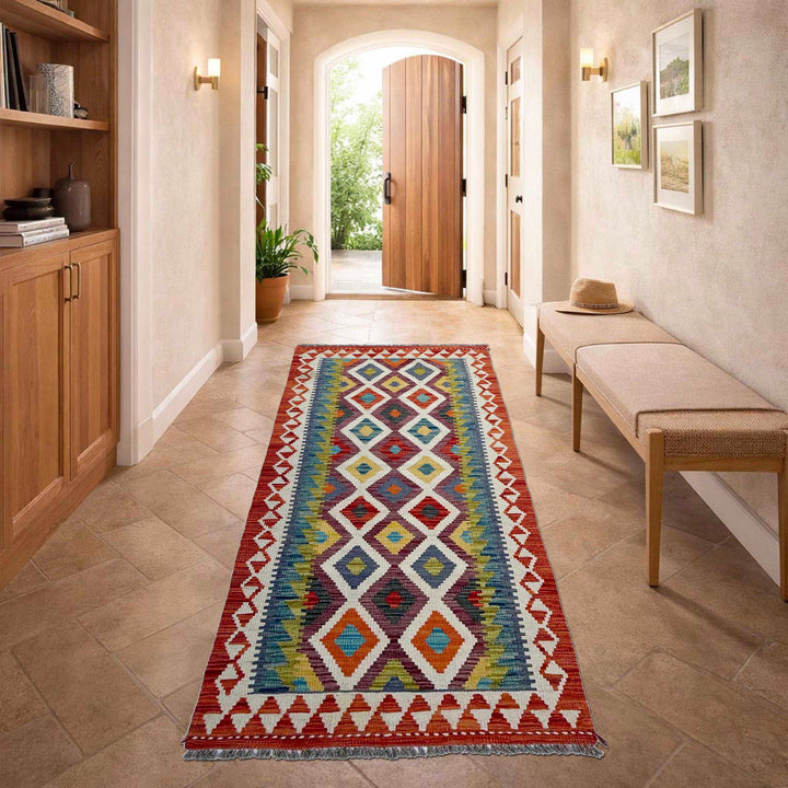 Afghan Vegetable Kilim Rug 2' 6" x 6' 7" Flat-Weave reverse