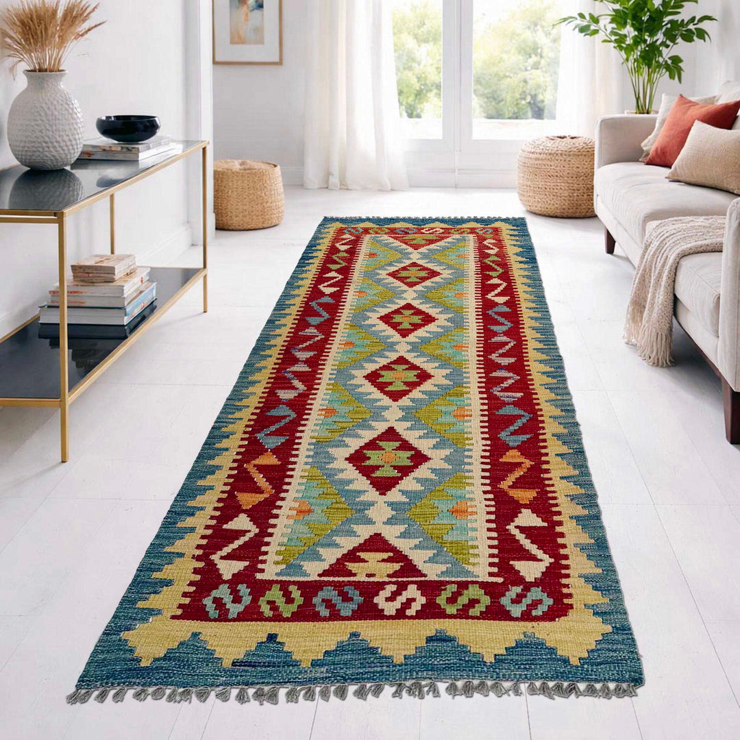 Afghan Vegetable Kilim Rug 2' 6" x 6' 4" Flat-Weave reverse