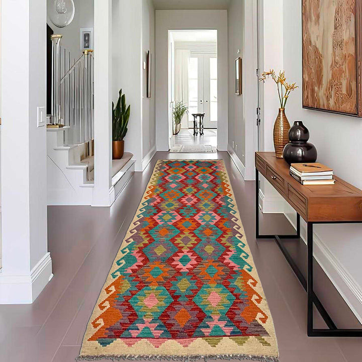 Afghan Vegetable Kilim Rug 2' 9" x 9' 5" Flat-Weave reverse