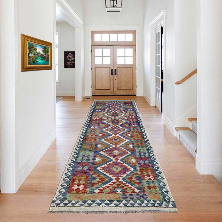 Afghan Vegetable Kilim Rug 3' 1" x 10' 0" Flat-Weave reverse