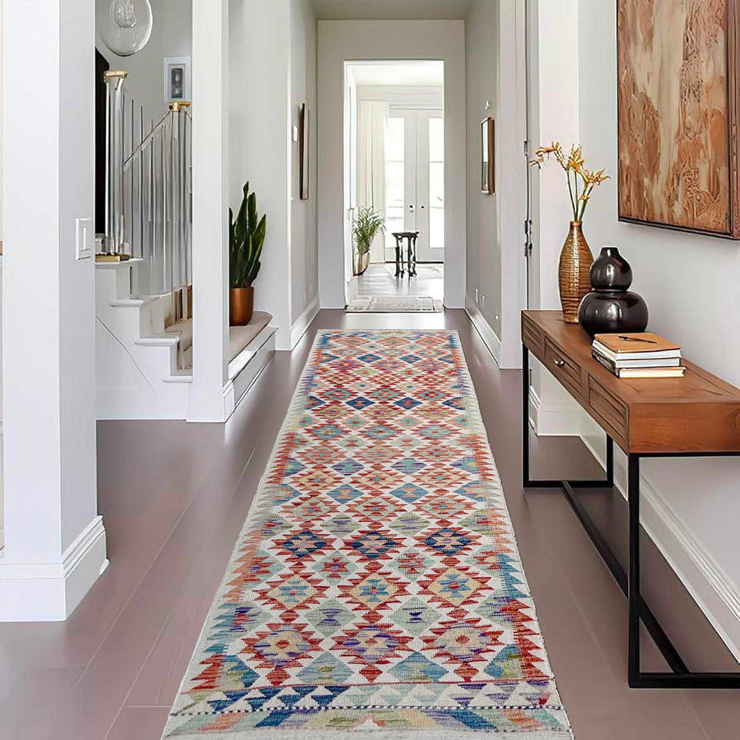 Afghan Vegetable Kilim Runner 2' 9" x 9' 5" Flat-Weave reverse