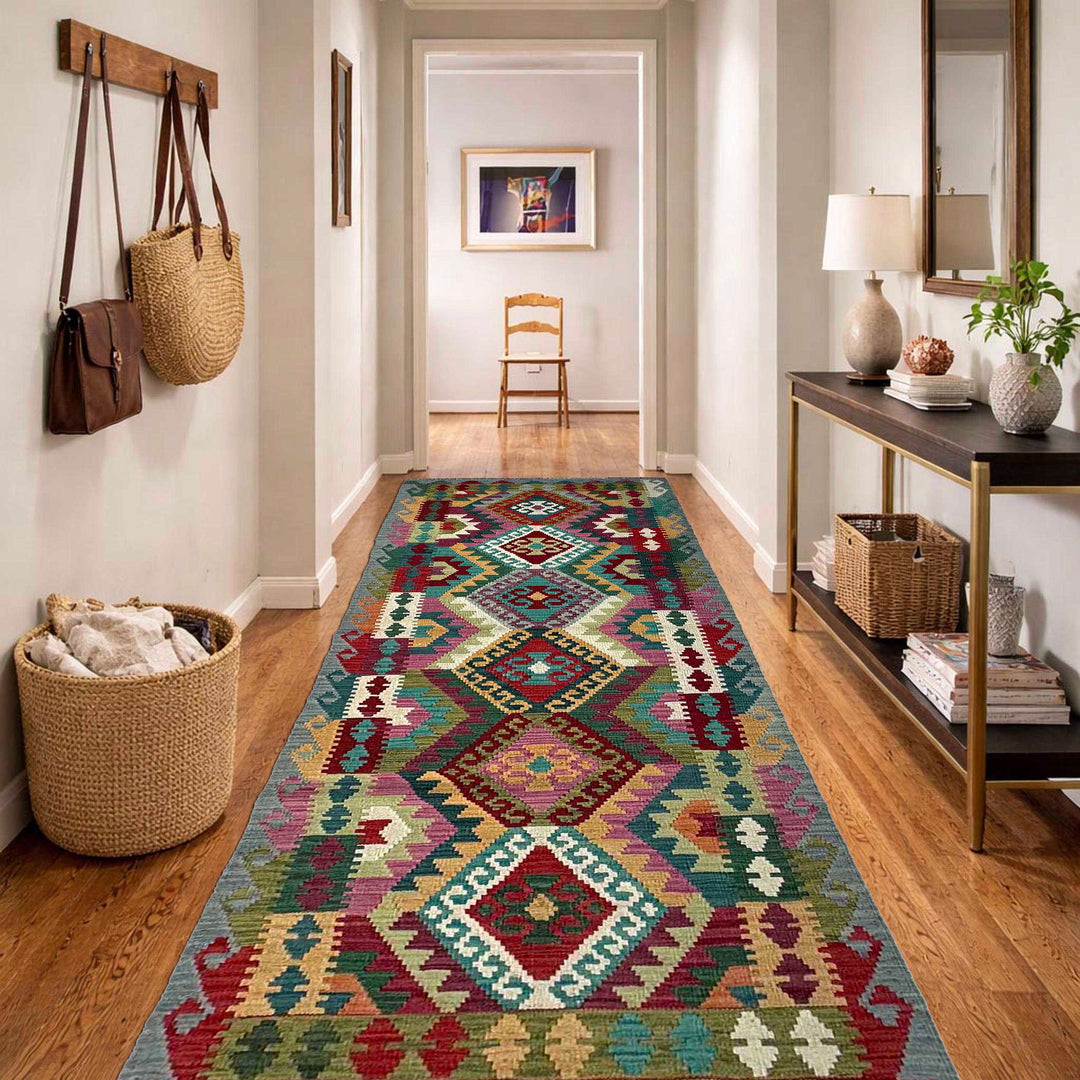 Afghan Vegetable Kilim Rug 2' 10" x 9' 10" Flat-Weave reverse