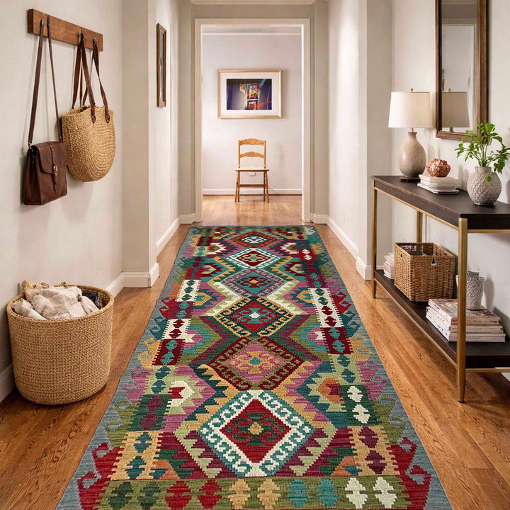 Afghan Vegetable Kilim Rug 2' 10" x 9' 10" Flat-Weave reverse