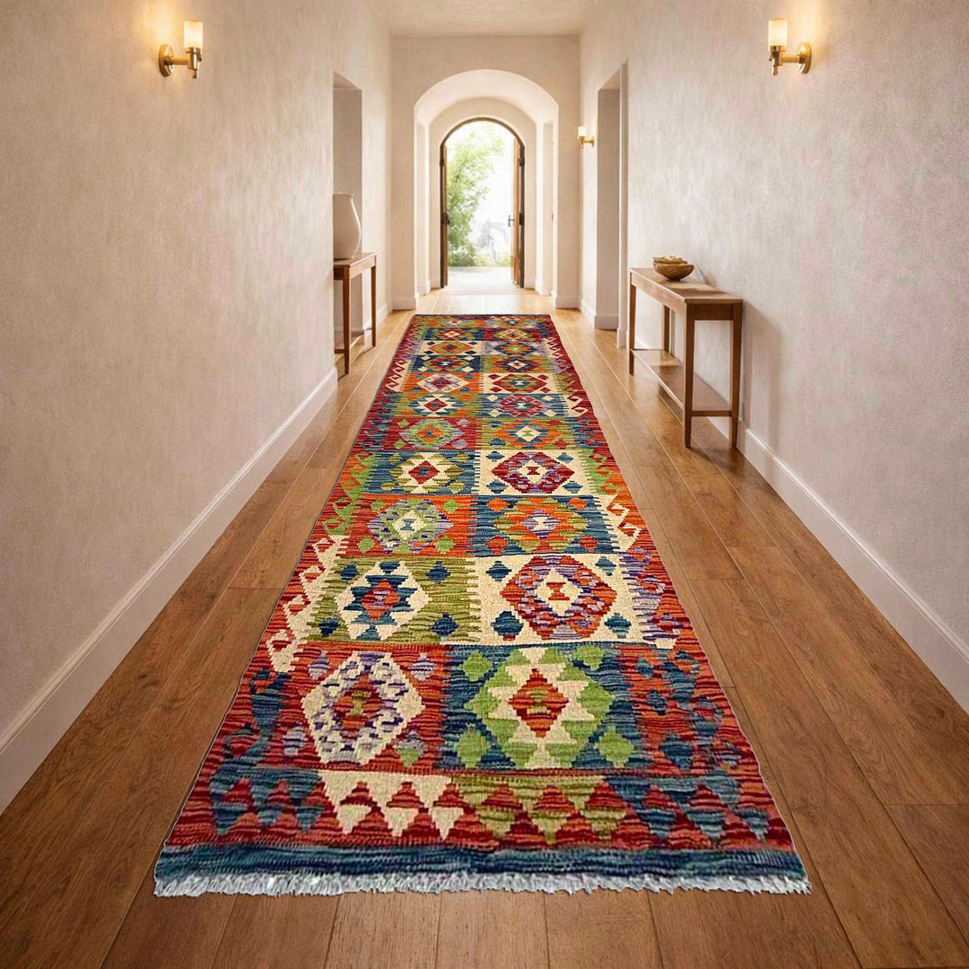 Afghan Vegetable Kilim Rug 2' 5" x 9' 3" Flat-Weave reverse
