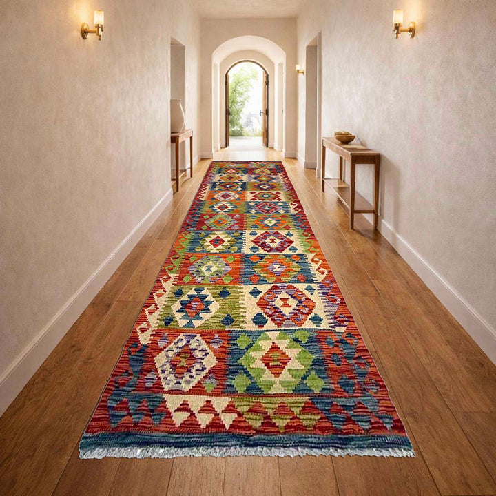 Afghan Vegetable Kilim Rug 2' 5" x 9' 3" Flat-Weave reverse