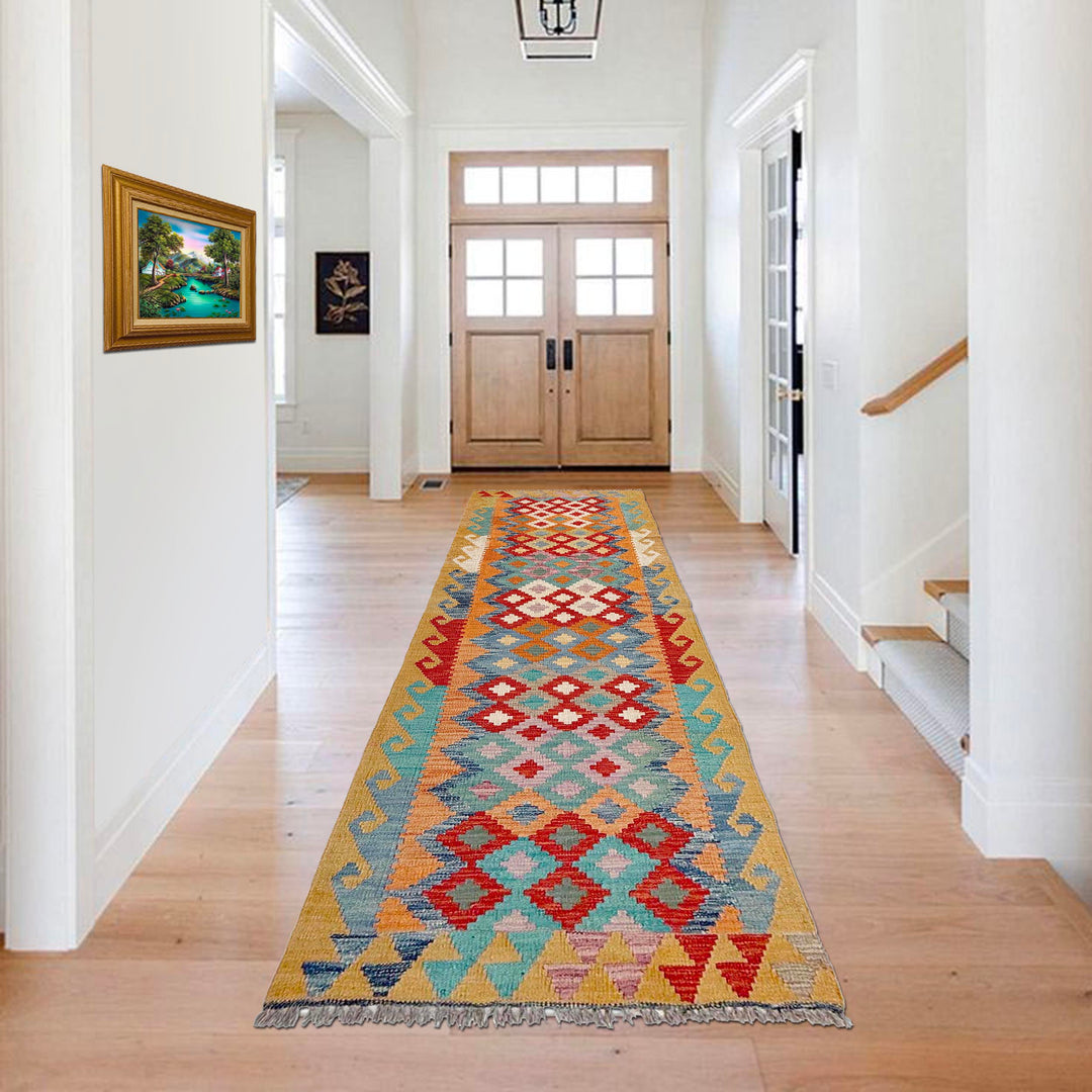 Afghan Vegetable Kilim Rug 2' 9" x 9' 8" Flat-Weave reverse