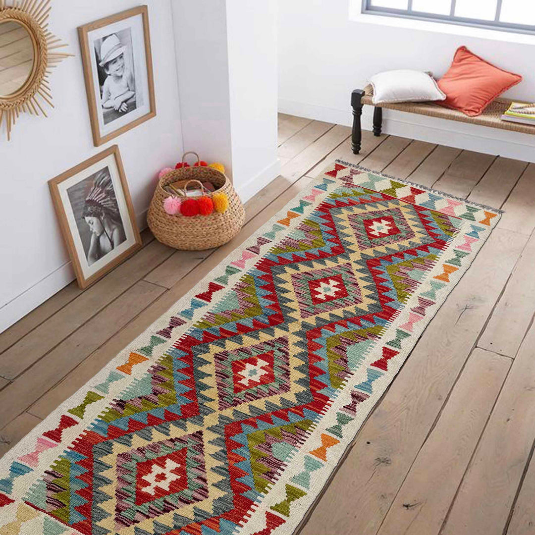 Afghan Vegetable Kilim Runner 2' 6" x 6' 5" Flat-Weave reverse