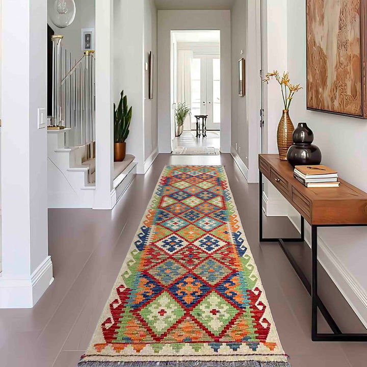 Afghan Vegetable Kilim Rug 2' 9" x 9' 7" Flat-Weave reverse