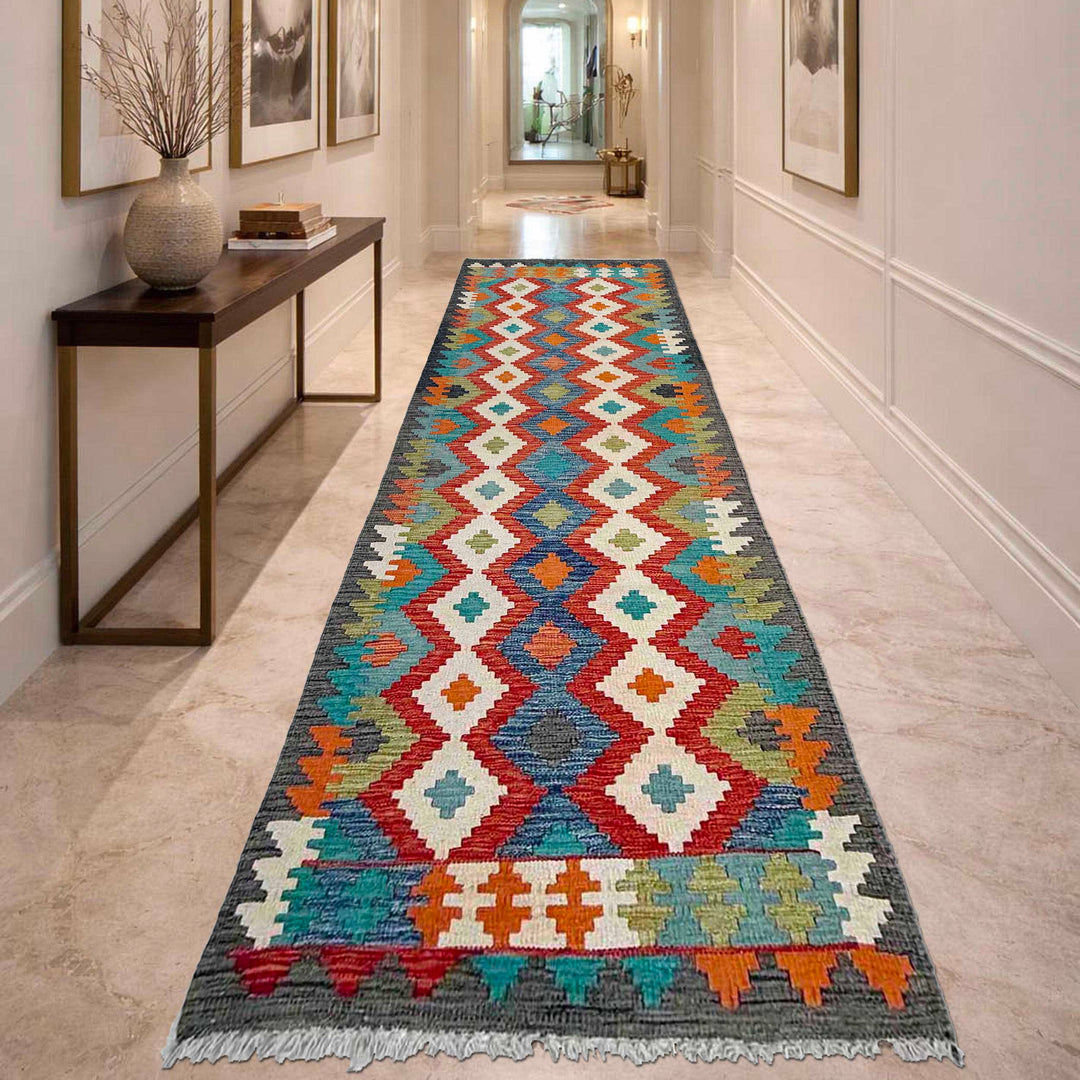 Afghan Vegetable Kilim Rug 2' 7" x 9' 9" Flat-Weave reverse
