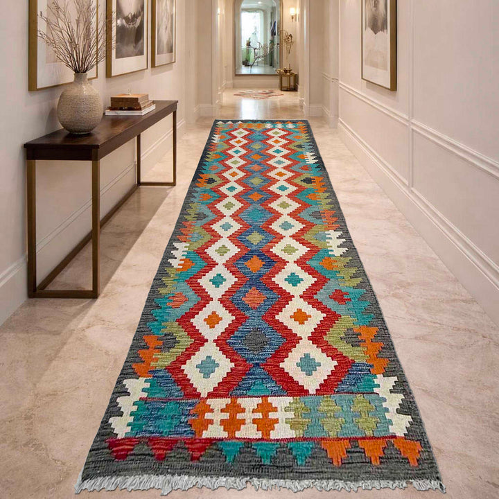 Afghan Vegetable Kilim Rug 2' 7" x 9' 9" Flat-Weave reverse
