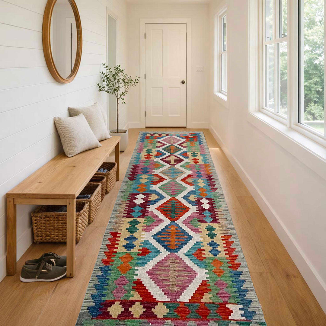 Afghan Vegetable Kilim Rug 2' 6" x 9' 10" Flat-Weave reverse