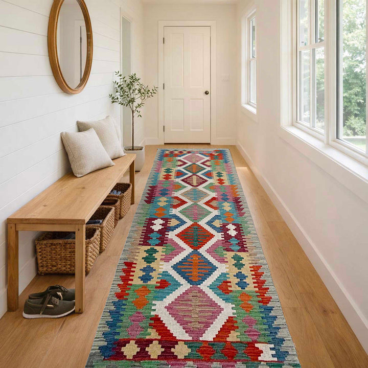 Afghan Vegetable Kilim Rug 2' 6" x 9' 10" Flat-Weave reverse