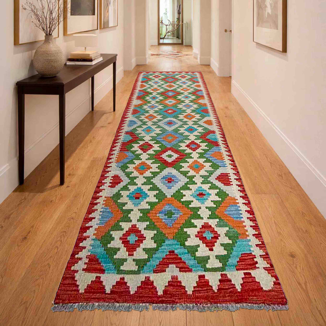 Afghan Vegetable Kilim Rug 2' 9" x 9' 8" Flat-Weave reverse