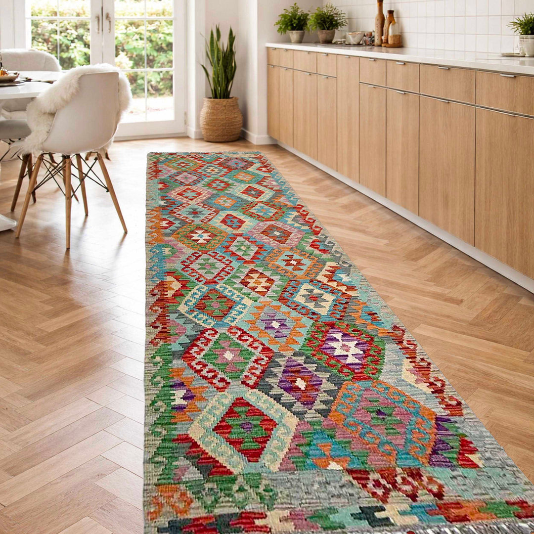 Afghan Vegetable Kilim Rug 2' 9" x 9' 11" Flat-Weave reverse