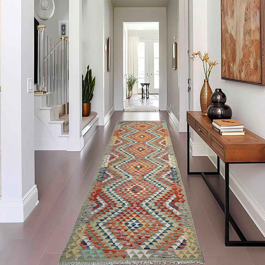 Afghan Vegetable Kilim Rug 2' 10" x 9' 5" Flat-Weave reverse